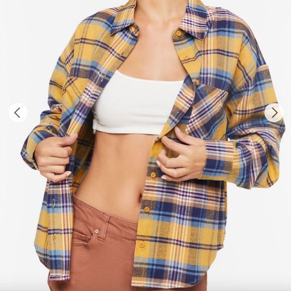 F21 mustard/purple UNIQUE flannel button-up size S - New with tags - Picture 1 of 4